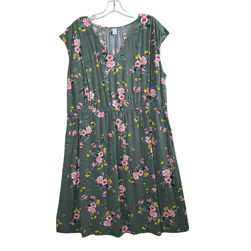 Old Navy Floral V-Neck Fit and Flare Rayon Dress Sage Green 2X Plus Boho, Summer